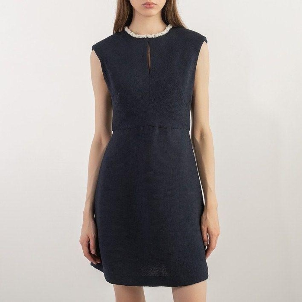 Sandro Rosalie Pearl Trim Textured Knit Sheath Mini Dress Navy Sleeveless XS